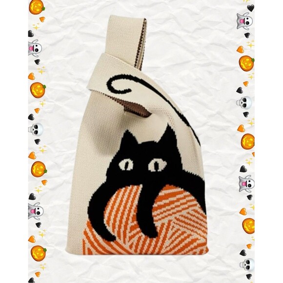 Trendy Black Cat Knit Mini Handbag/Wrist Bag /Tote Bag - NEW - Picture 1 of 5
